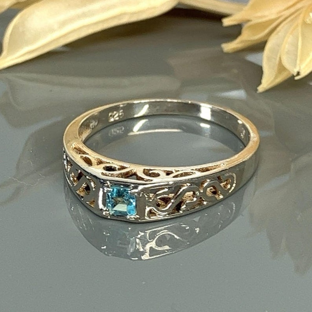 Sterling Silver 925 Blue Topaz Ring filigree Size 6 - Picture 2 of 8